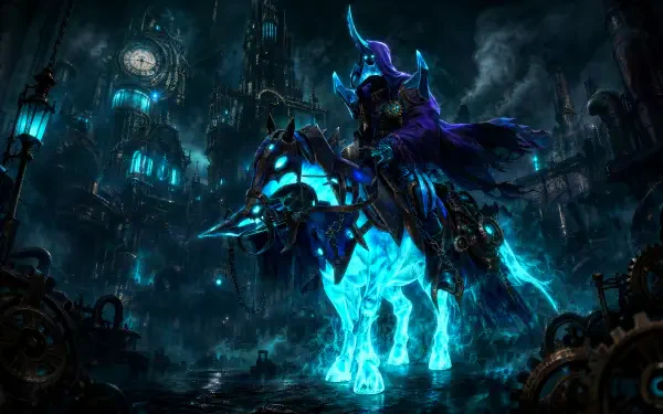 Abaddon (DotA 2) in spectral armor atop a glowing cyan ghost horse amid a brooding gothic cityscape — 4K Ultra HD PC desktop wallpaper and background