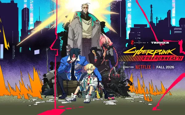 Anime, Cyberpunk: Edgerunners, Cyberpunk: Edgerunners 2 — HD PC desktop wallpaper showing five characters posed in a neon-lit cyberpunk cityscape with the series logo and Netflix Fall 2026 banner.