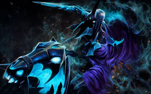 4K Ultra HD PC desktop wallpaper and background of Abaddon (DotA 2): spectral armored knight with glowing blue helm riding a ghostly steed through dark, swirling mist.
