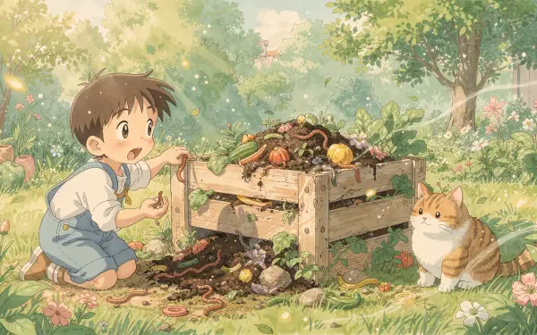 4K Ultra HD PC desktop wallpaper and background depicting a child and cat beside a wooden compost bin in a sunlit garden, worms and vegetable scraps.
