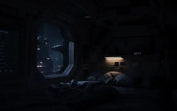 sleepcore 4K Ultra HD PC desktop wallpaper and background: dim spaceship berth with rumpled bed, warm bedside lamp, and neon city skyline beyond a round window.