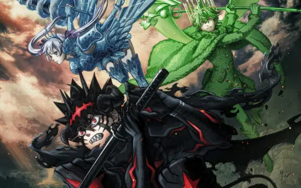 Anime Black Clover 2K Quad HD PC wallpaper: Asta in anti-magic armor charging forward with sword, Yuno unleashing wind magic above, Noelle Silva casting water magic behind them.