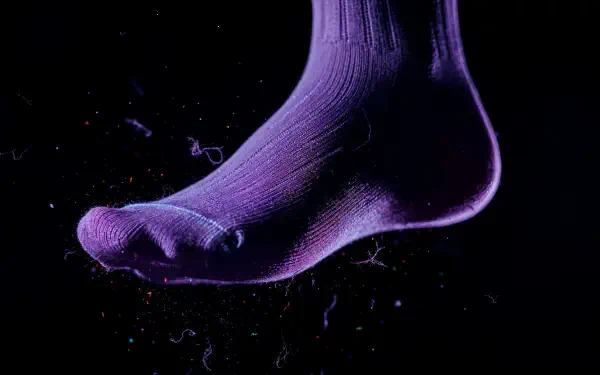 Close-up of a purple socked foot floating against a black backdrop, illuminated textile fibers and lint; 4K Ultra HD PC Desktop Wallpaper and Background.