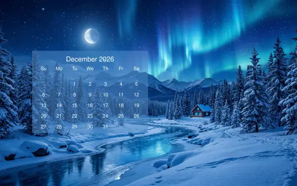 December 2026 calendar on 5K Ultra HD PC desktop wallpaper and background: snowy cabin by a frozen river under aurora borealis and a crescent moon.