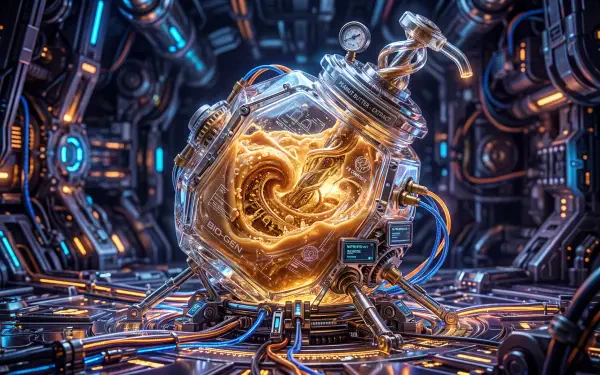 5K Ultra HD PC desktop wallpaper: glowing glass jar of swirling golden peanut butter suspended in a high-tech cybernetic lab, surrounded by cables, gauges and neon circuitry.