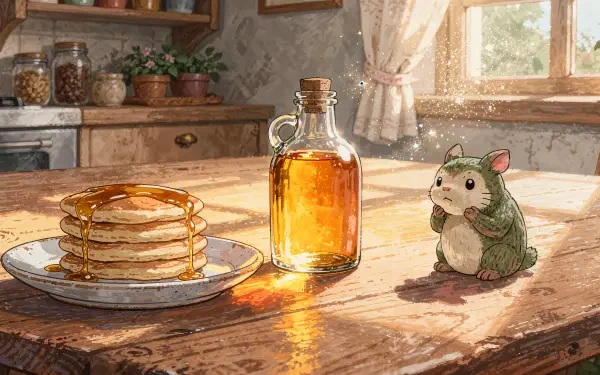 4K Ultra HD PC desktop wallpaper — sunlit rustic kitchen table with pancakes, a bottle of maple syrup and a leaf-cloaked hamster-like companion.