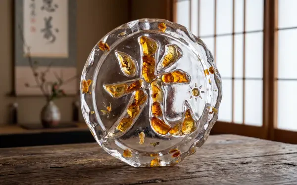 5K Ultra HD PC desktop wallpaper: glass-like round emblem featuring a Japanese kanji logo (光) with amber accents, resting on a wooden table in a sunlit traditional room with shōji screens.
