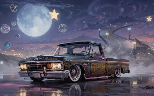 4K Ultra HD PC Desktop Wallpaper and Background showing a lowrider truck on wet pavement beneath a surreal night sky with a large moon, stars, and a winding elevated road.