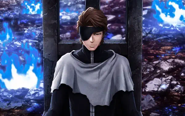 5K Ultra HD wallpaper of Sōsuke Aizen from Bleach: Thousand-Year Blood War, eyepatch-clad figure in dark cloak amid blue aura flames, anime PC desktop background evoking aura farming.