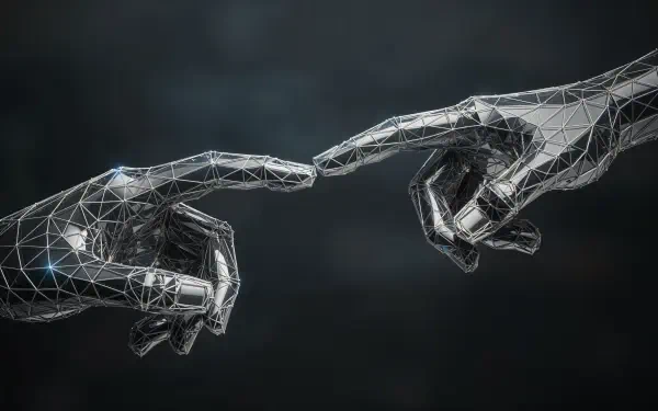 4K Ultra HD PC desktop wallpaper showing two polygonal wireframe hands reaching toward each other, evoking human touch and digital connection.