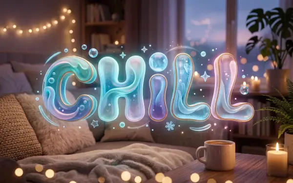 Cozy nighttime bedroom scene with glowing bubble letters spelling CHILL, fairy lights, candles and a mug on a blanket — 5K Ultra HD PC desktop wallpaper and background.
