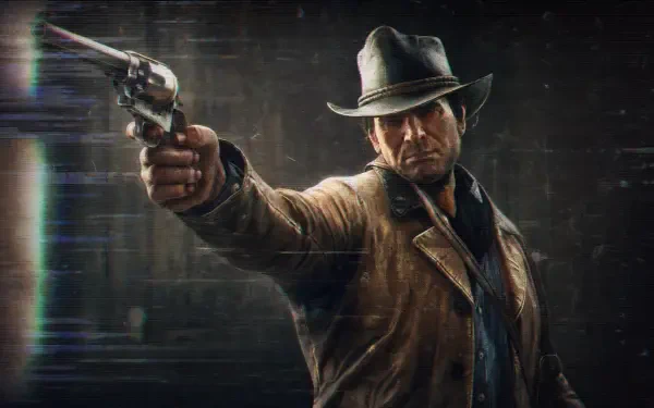 Arthur Morgan aiming a revolver at the viewer in a gritty, cinematic pose — 4K Ultra HD PC desktop wallpaper/background with moody lighting and Western attire.