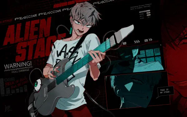 Grinning anime guitarist playing a teal electric guitar against a dark red Alien Stage concert backdrop — energetic 4K Ultra HD PC desktop wallpaper and background.