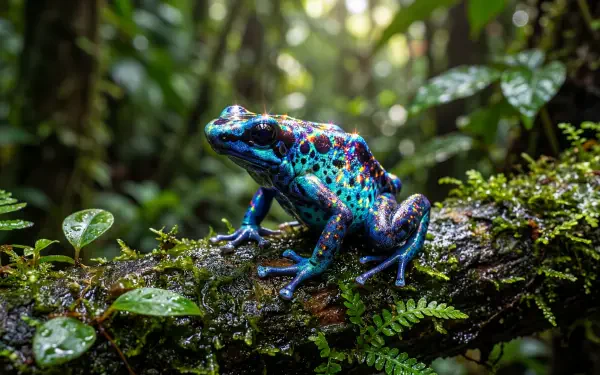 Vibrant poison dart frog perched on a wet mossy log in a lush rainforest — high-detail 5K Ultra HD PC desktop wallpaper and background.