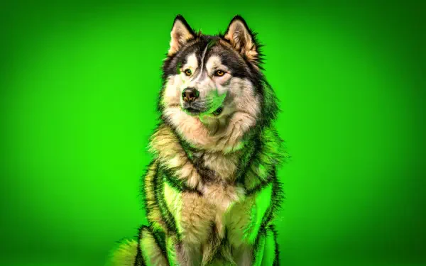 Majestic malamute against a vivid green backdrop, rendered as a 4K Ultra HD PC desktop wallpaper/background.