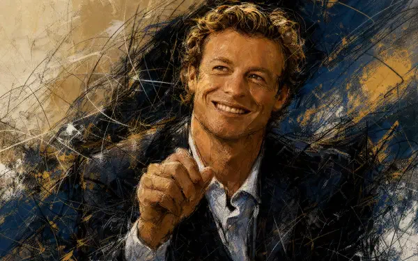 Patrick Jane portrait in painterly strokes, smiling and pointing; 4K Ultra HD PC desktop wallpaper and background.