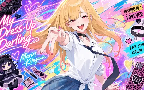 4K Ultra HD PC desktop wallpaper/background of Marin Kitagawa from My Dress-Up Darling, grinning and reaching out amid neon pastel hearts, ribbons and cosplay props.