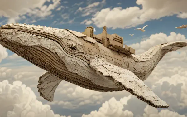 4K Ultra HD PC Desktop Wallpaper and Background of a carved wooden flying whale soaring through cloudy skies with seagulls and a small deck-like structure on its back.