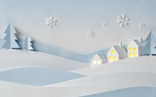 Aesthetic winter 4K Ultra HD PC desktop wallpaper: minimalist paper-cut snowy hills, stylized pine trees, three glowing houses and floating snowflakes under a pale sky.