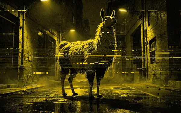 Cyberpunk llama standing in a rain-soaked neon alley with yellow lighting and glitch effects — 4K Ultra HD PC Desktop Wallpaper and Background.