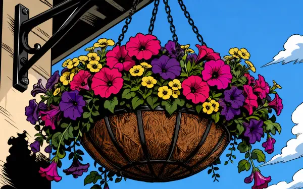 Vibrant hanging basket of pink, purple and yellow flowers against a bright blue sky — 4K Ultra HD PC desktop wallpaper and background.