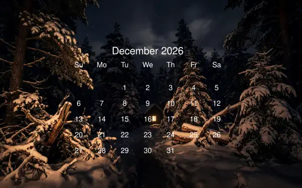 December 2026 calendar over a snow-covered nighttime pine forest with glowing cabin lights, 5K Ultra HD PC desktop wallpaper and background.