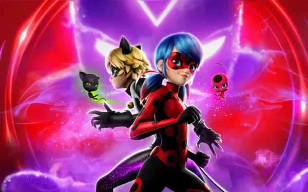 4K Ultra HD PC desktop wallpaper of Miraculous Ladybug: Ladybug and Cat Noir back-to-back with glowing heart and floating kwamis on a purple-red cosmic backdrop.
