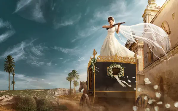 Enola Holmes 3 4K Ultra HD PC desktop wallpaper: woman in flowing white gown and veil stands on an ornate carriage amid desert palaces under a dramatic sky.