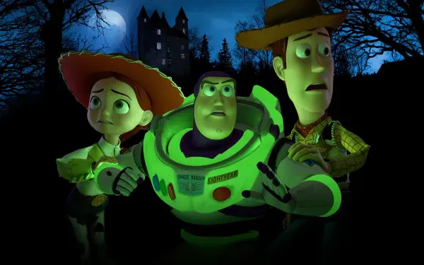 Toy Story of Terror! 4K Ultra HD PC desktop wallpaper: Jessie, Buzz, and Woody glow green and stand tense before a moonlit haunted castle.