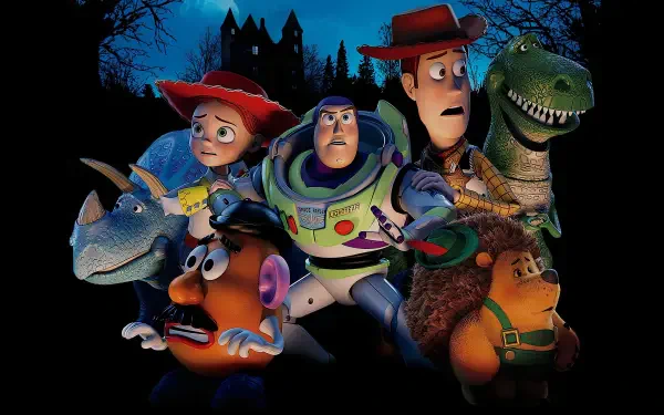 Toy Story of Terror! 4K Ultra HD PC desktop wallpaper showing Woody, Buzz, Jessie, Rex, Mr. Potato Head and other toys huddled against a moonlit, spooky hotel silhouette.