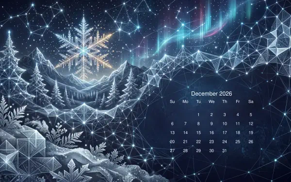 December 2026 calendar on a 5K Ultra HD PC desktop wallpaper and background: low‑poly snowy forest, large glowing snowflake, aurora borealis and constellation-style network.