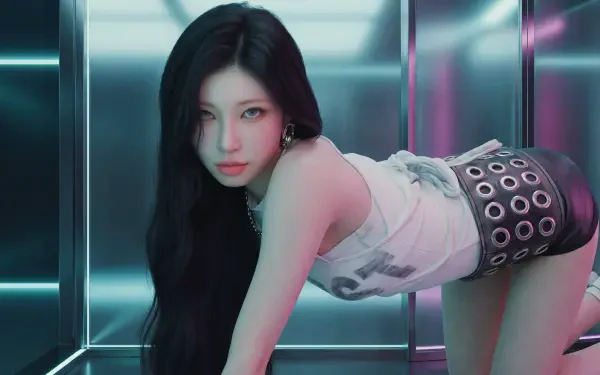 5K Ultra HD wallpaper: Japanese model with long dark hair in K-pop–style pose inside a neon mirrored cube; tags—BABYMONSTER, Asa, K-pop.