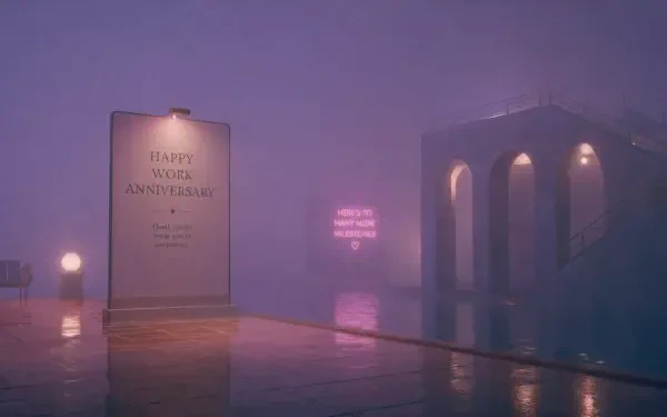 4K Ultra HD PC desktop wallpaper: moody purple-pink fog over a wet rooftop, glowing Happy Work Anniversary billboard beside an arched building with neon reflections.