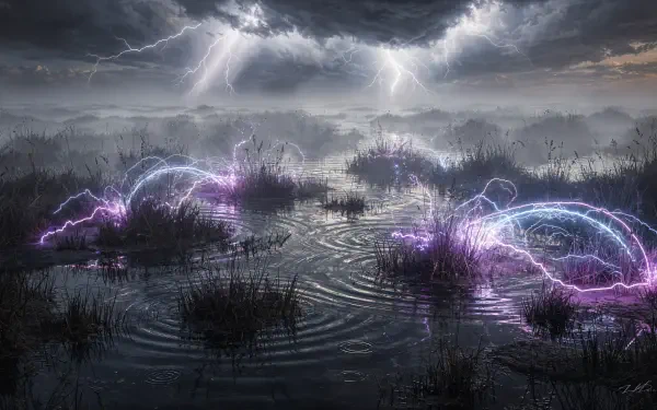 4K Ultra HD PC desktop wallpaper/background: brooding marsh under storm clouds, lightning forks and purple electric arcs crackling across dark reflective water.