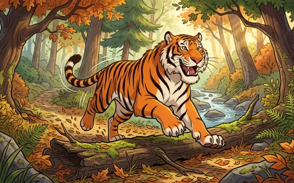 5K Ultra HD PC desktop wallpaper of a bold Siberian tiger bounding over a mossy log in a sunlit autumn forest beside a winding stream.