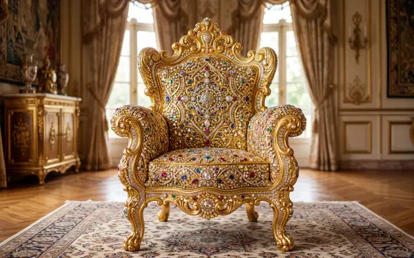 Bedazzled, jewel-encrusted golden throne in an ornate Baroque parlor, rendered as a 5K Ultra HD PC desktop wallpaper and background.