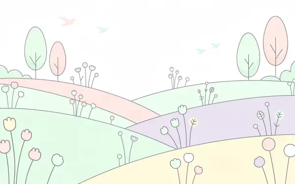 Minimal pastel spring landscape with rolling hills, tulips, delicate trees and birds — 4K Ultra HD PC desktop wallpaper and background.
