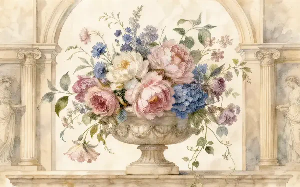 Watercolor floral bouquet in an ornate urn framed by classical arches — 4K Ultra HD PC desktop wallpaper background
