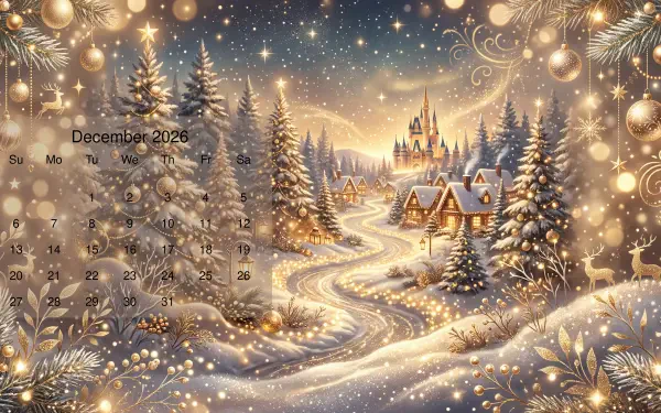 December 2026 calendar on a 5K Ultra HD PC desktop wallpaper: snowy, glowing village and distant castle at dusk with a winding river, pine trees and twinkling festive lights.