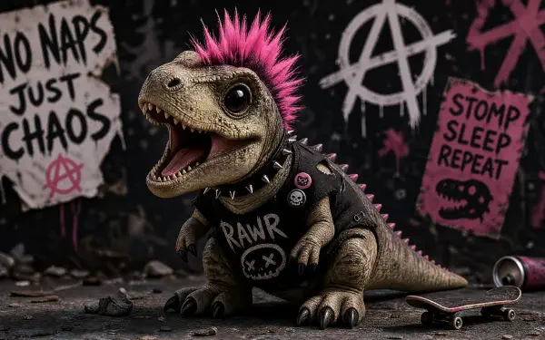 4K Ultra HD PC desktop wallpaper: baby dinosaur with a pink mohawk and punk leather vest, snarling in a gritty graffiti-covered alley with anarchist posters reading No naps just chaos.