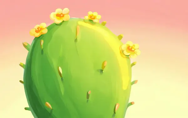 5K Ultra HD PC desktop wallpaper and background: close-up of a bright green prickly pear cactus pad dotted with small yellow blooms against a soft pink-to-peach gradient.