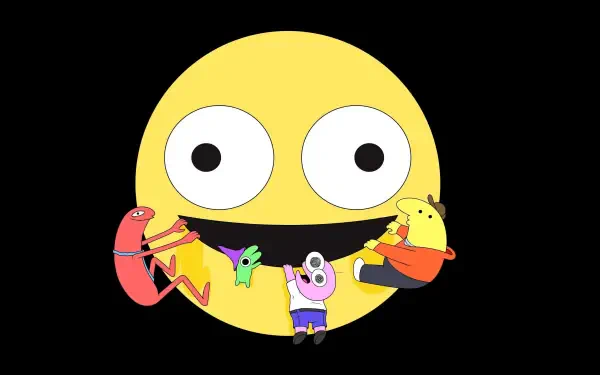 Smiling Friends 4K Ultra HD PC wallpaper: giant yellow smiley face on a black background with four colorful cartoon characters hanging from its wide grin.