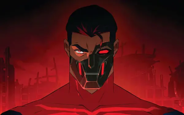 My Adventures With Superman 4K Ultra HD PC desktop wallpaper — red-lit Superman with half his face a black cyborg mask, glowing red eye, ruined city skyline behind.