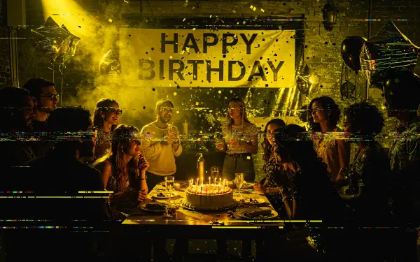 Birthday party scene: friends gathered around a lit cake beneath a Happy Birthday banner, golden confetti and moody lighting — 4K Ultra HD PC desktop wallpaper and background.