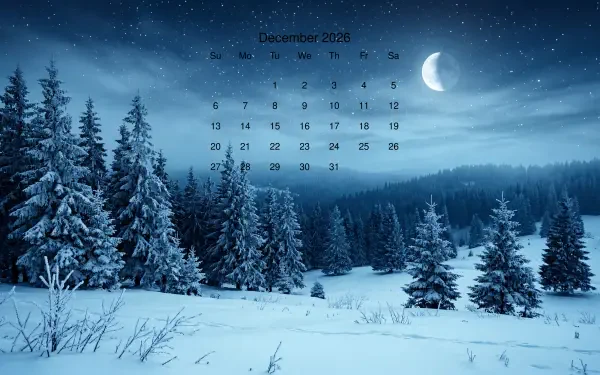 Moonlit snowy pine forest with December 2026 calendar overlay, 5K Ultra HD PC desktop wallpaper and background.