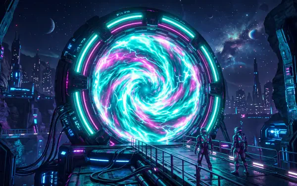 5K Ultra HD PC desktop wallpaper: neon teal and magenta swirling sci‑fi portal framed by a futuristic cityscape, two figures on a wet metal walkway beneath a starry sky.