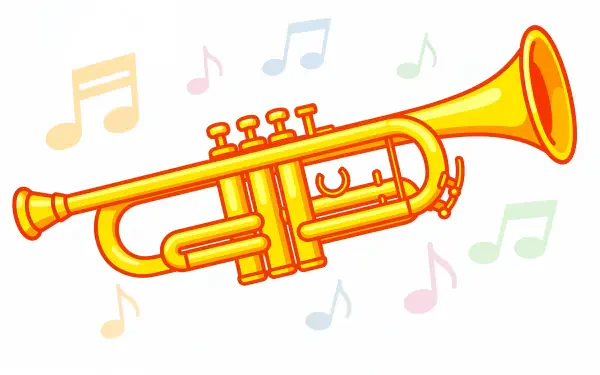 Vibrant cartoon trumpet with floating music notes; 4K Ultra HD PC desktop wallpaper and background.