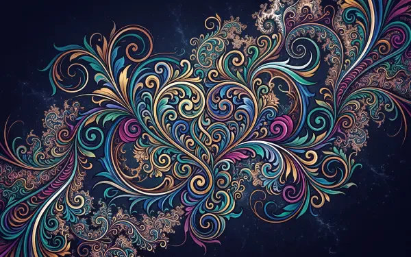 5K Ultra HD PC desktop wallpaper/background: colorful vector flourish of ornate swirling floral paisley vines on a dark textured background.