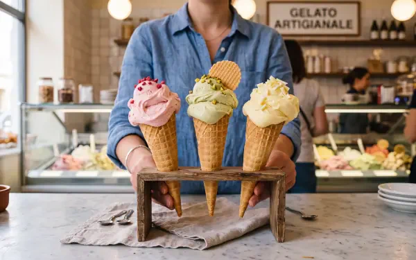5K Ultra HD PC desktop wallpaper and background: three colorful gelato cones in a wooden holder held by a server at an artisanal gelato counter.