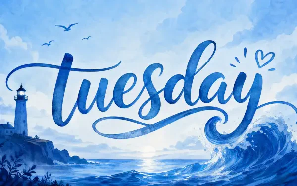Blue watercolor seascape with lighthouse, crashing waves and seagulls, overlaid with hand-lettered Tuesday — 4K Ultra HD PC desktop wallpaper and background.